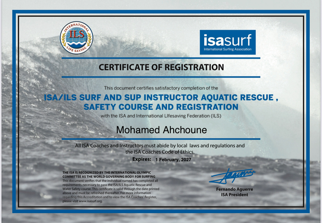 Certificate of Registration — ISA/ILS Surf and SUP Instructor, Aquatic Rescue and Safety Course, Mohamed Ahchoune